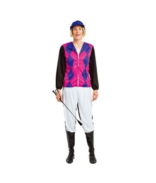 Female horse jockey costume with pink and purple shirt, white pants, blue cap and riding crop