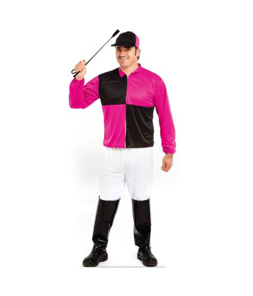 Male Horse jockey Halloween costume with riding crop, pink and black shirt and cap