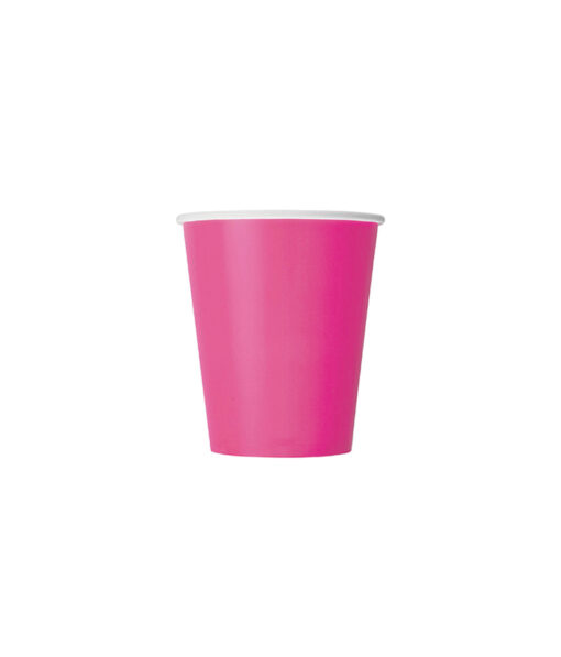 Disposable 9oz paper cup in hot pink colour coming in pack of 20