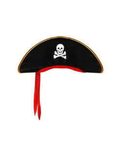 Pirate captain hat with skull and crossbones design, gold and red trim and red bandana