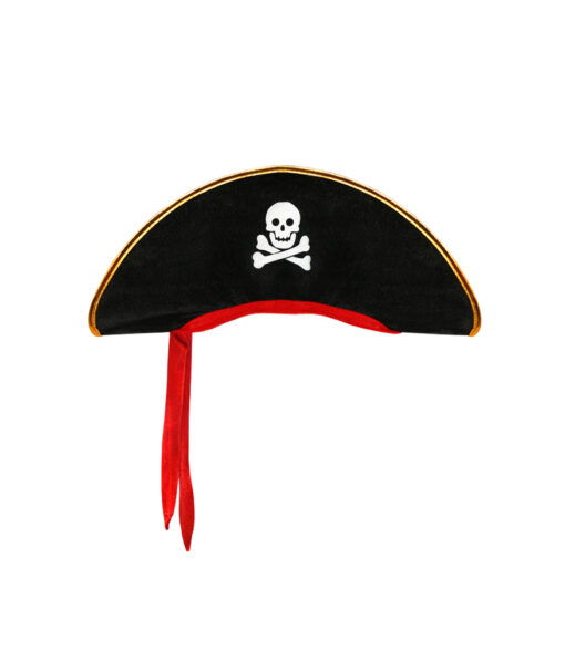 Pirate captain hat with skull and crossbones design, gold and red trim and red bandana