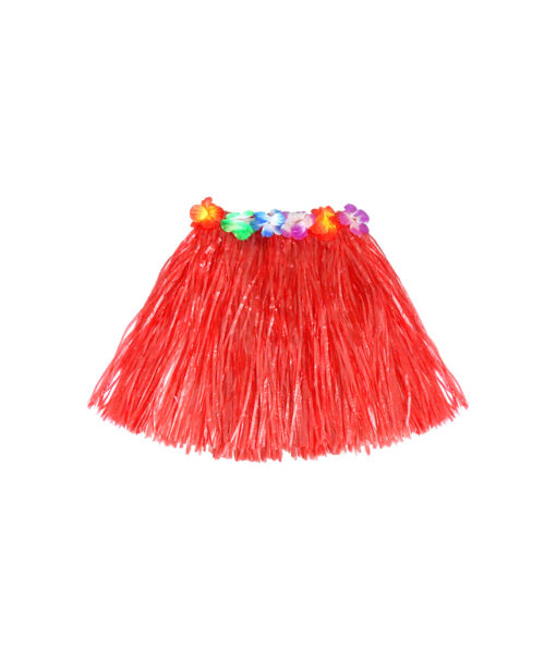 Short hula skirt with flowers in red colour in size of 40cm