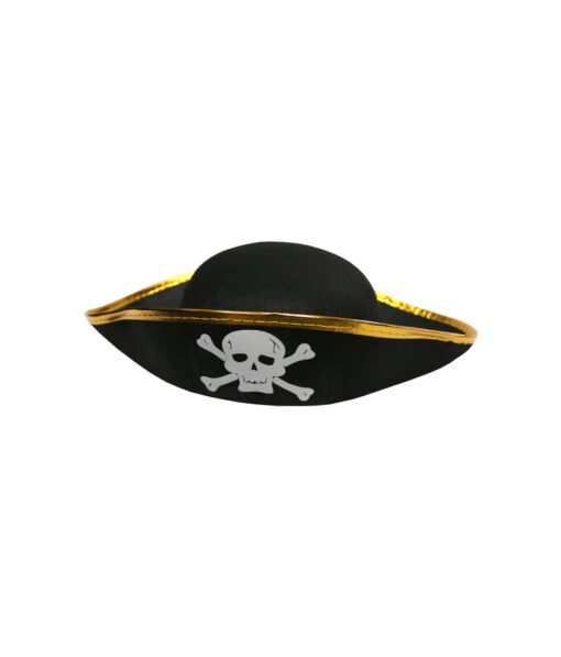 Black triangle pirate hat with skull and crossbones and gold trim