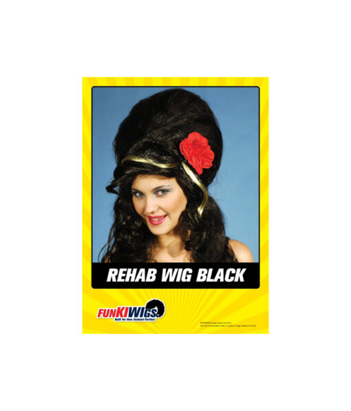 Rehab boufant wig in black with gold highlights and red flower adornment
