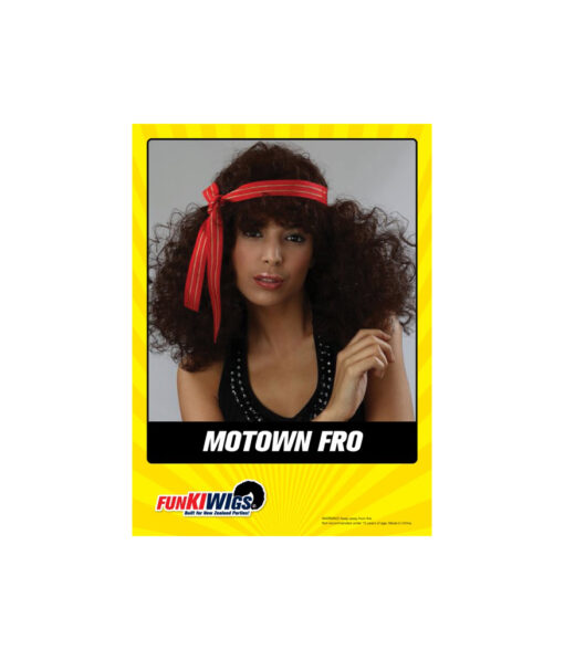 Motown afro wig in brown with red and white headband for women