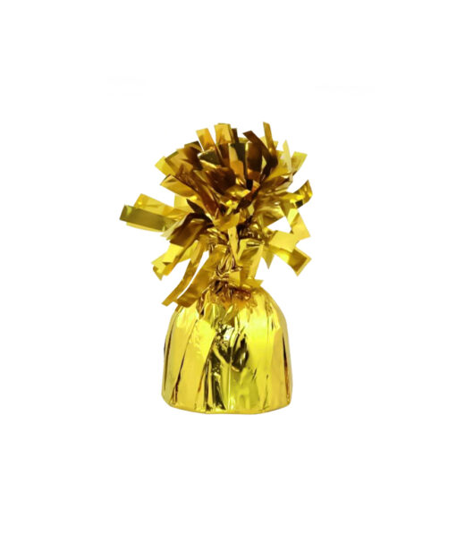 Gold foil balloon weight with decorative fringe