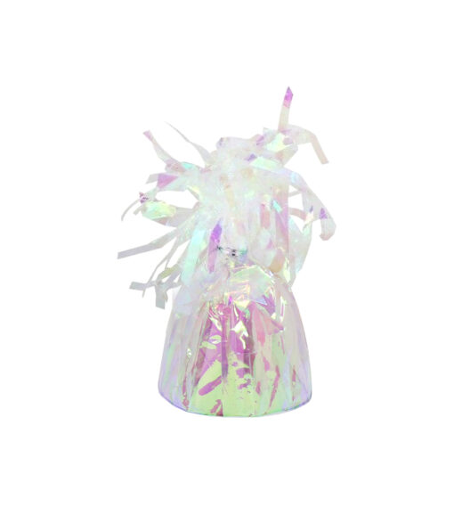 Iridescent foil balloon weight with decorative fringe