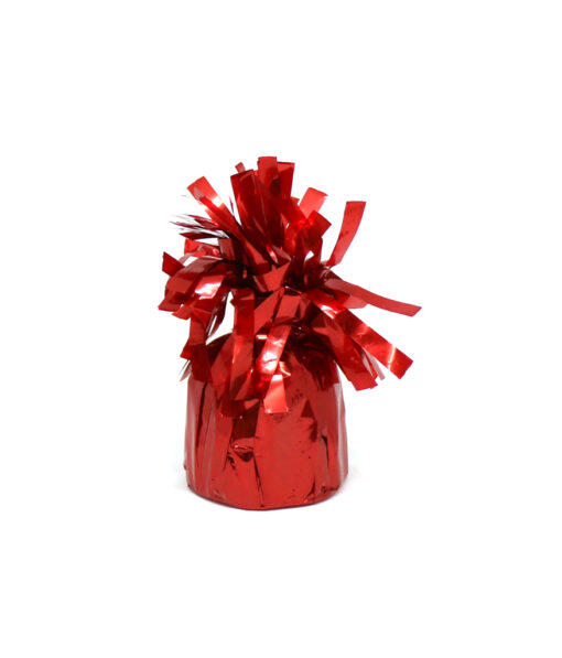 Red foil balloon weight with decorative fringe