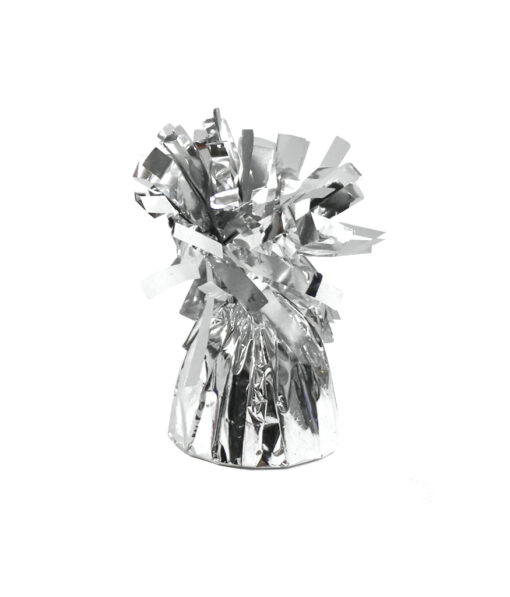 Silver foil balloon weight with decorative fringe