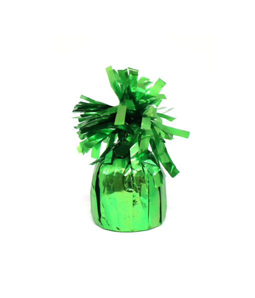 Green foil balloon weight with decorative fringe