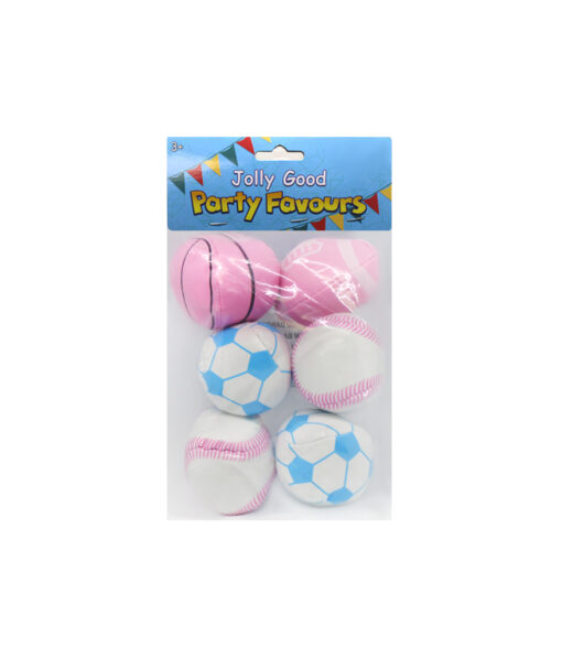 Sponge balls coming in light pink and blue colour with basketball, rugby, soccer and baseball design party favour coming in pack of 6