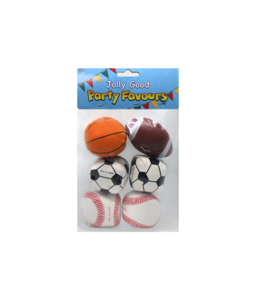 Assorted sponge balls in basketball, rugby ball, soccer ball and baseball design party favour coming in pack of 6