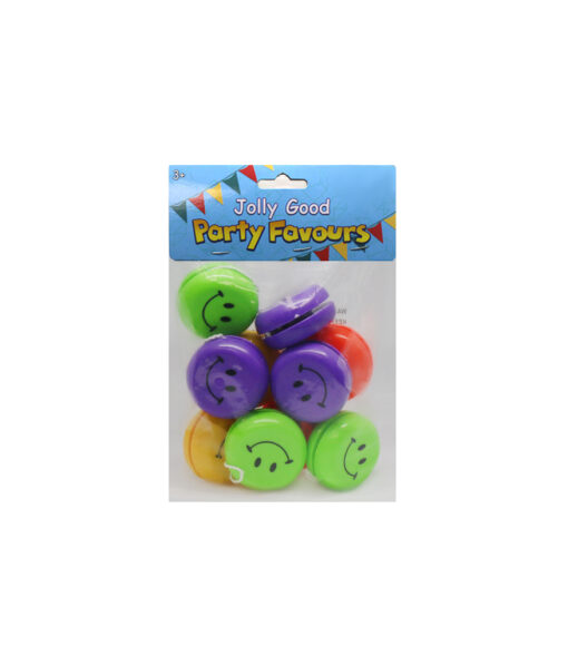 Assorted yoyos with smiley face design and green, purple, yellw and red colour party favour coming in pack of 10