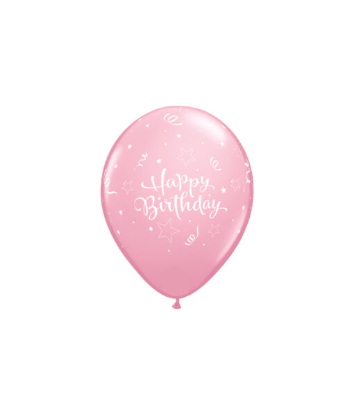 Pink latex balloon with white happy birthday design