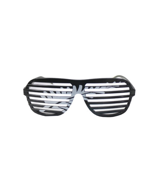 Black shutter glasses with white fern design going across