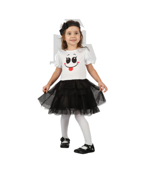 Happy ghost Halloween costume dress up with white shirt, happy ghost face design and frilly black skirt