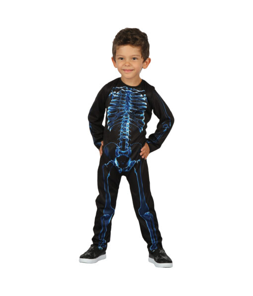 Glowing blue skeleton Halloween costume dress up for children with black bodysuit.