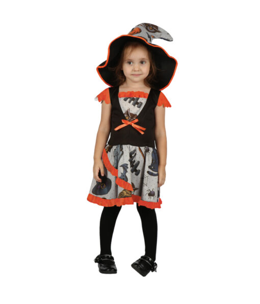 Witch Halloween costume dress up for children with pointed hat with witch design, black top and grey and orange skirt with witch design