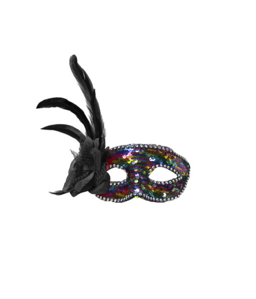 Multi-coloured rainbow sequin masquerade mask with black flower and feathers on side design