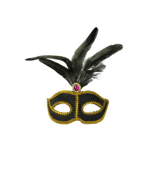 Black and gold masquerade mask with pink jewel and black feathers