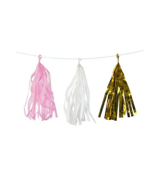 Tissue paper tassel garland with light pink, white and metallic gold design