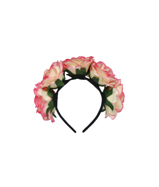 Black hairband with jumbo rose decoration in white and pink