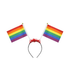 Black headband with red fur on top and rainbow pride flags on sides.