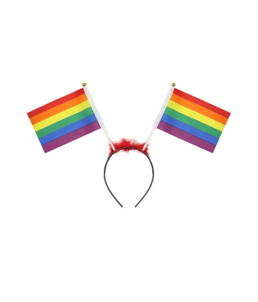 Black headband with red fur on top and rainbow pride flags on sides.