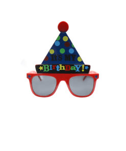 Red party glasses with blue colour cone and polka dots on top with "It's my birthday!" writing