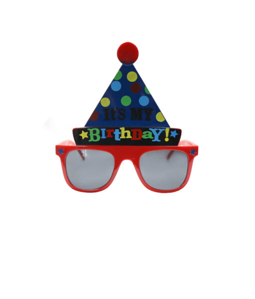 Red party glasses with blue colour cone and polka dots on top with "It's my birthday!" writing