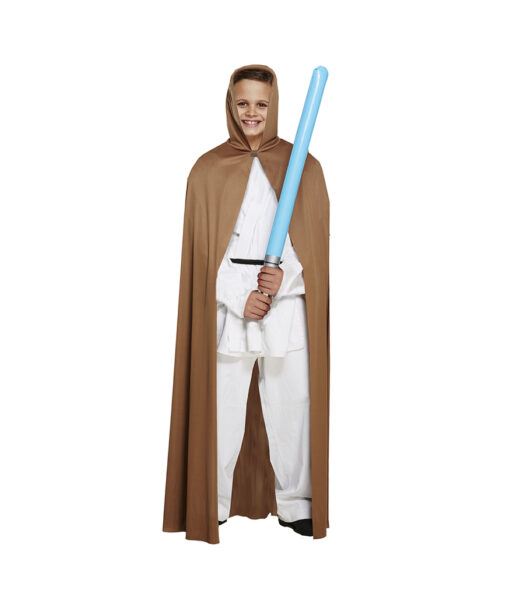 Costume with brown hooded cape, white overalls and light blue "lightsaber" for "jedi" warrior dress up