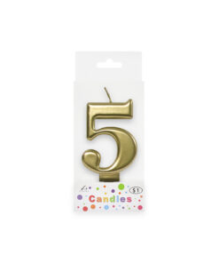 Metallic gold candle in number "5" design