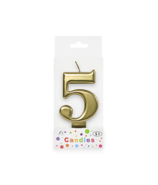 Metallic gold candle in number "5" design