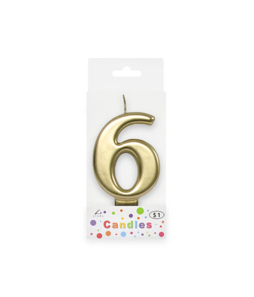 Metallic gold candle in number "6" design