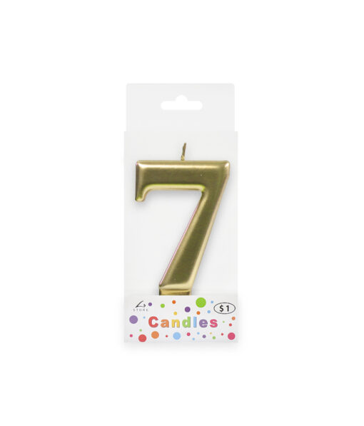 Metallic gold candle in number "7" design