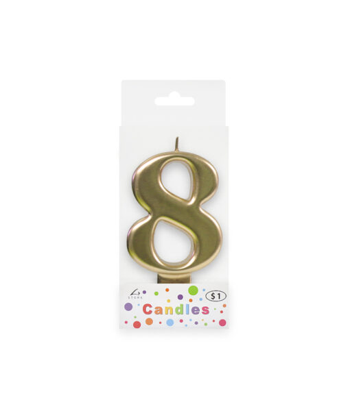 Metallic gold candle in number "8" design