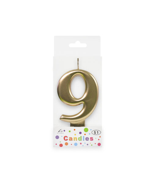 Metallic gold candle in number "9" design