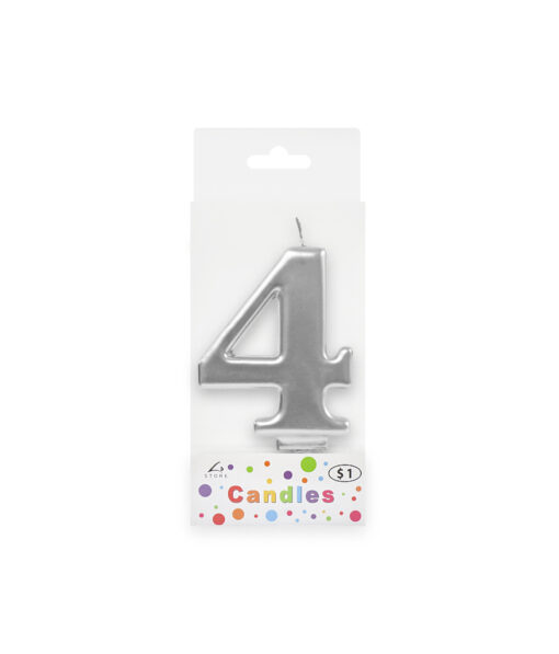 Metallic silver candle in number "4" design