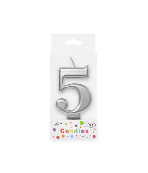 Metallic silver candle in number "5" design