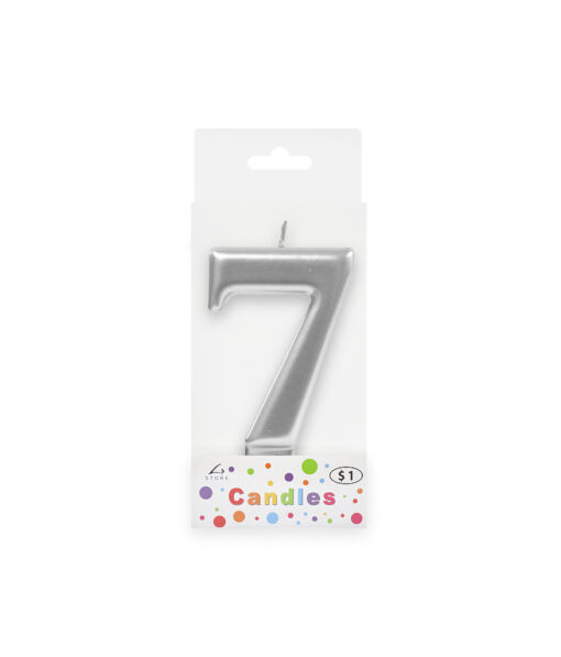 Metallic silver candle in number "7" design