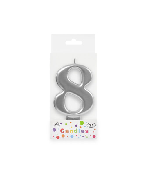 Metallic silver candle in number "8" design