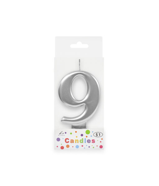 Metallic silver candle in number "9" design