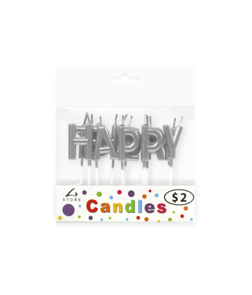 Metallic Happy Birthday Silver Candle Set