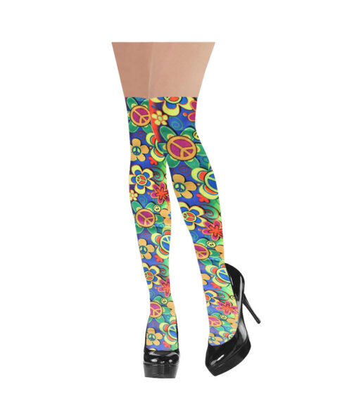 Peace rainbow flower design thigh high stockings