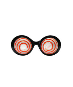 Black party glasses with white lens and orange spiral hypnosis pattern