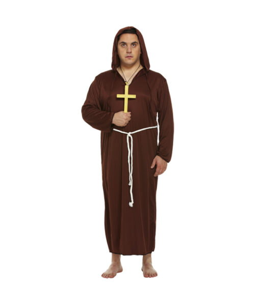 Male monk costume for adults with brown robe and hood, white string strap belt and golden cross necklace