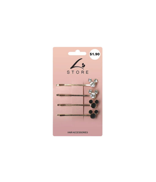 Bobby pins with mouse design in crystal and black coming in pack of 4