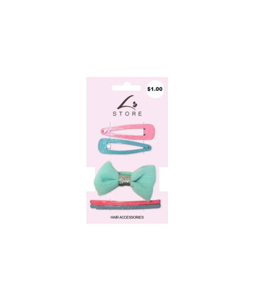 Pastel pink and blue hair clips, hair bands, and blue bow coming in pack of 5