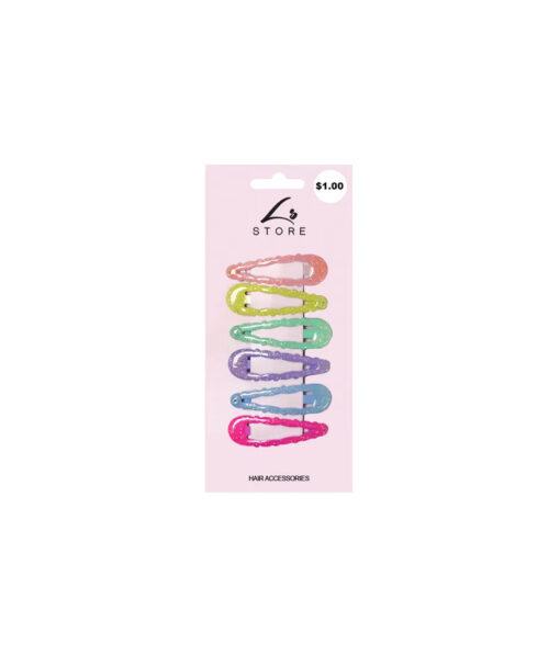 Snap hair clips in pink, yellow, green, purple, blue, and hot pink colour coming in pack of 6