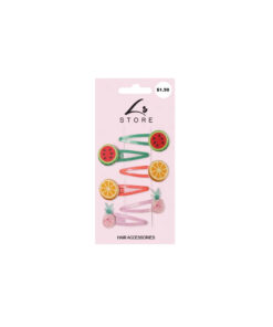 Snap clips with fruit designs including watermelon, orange, and pineapple coming in pack of 6